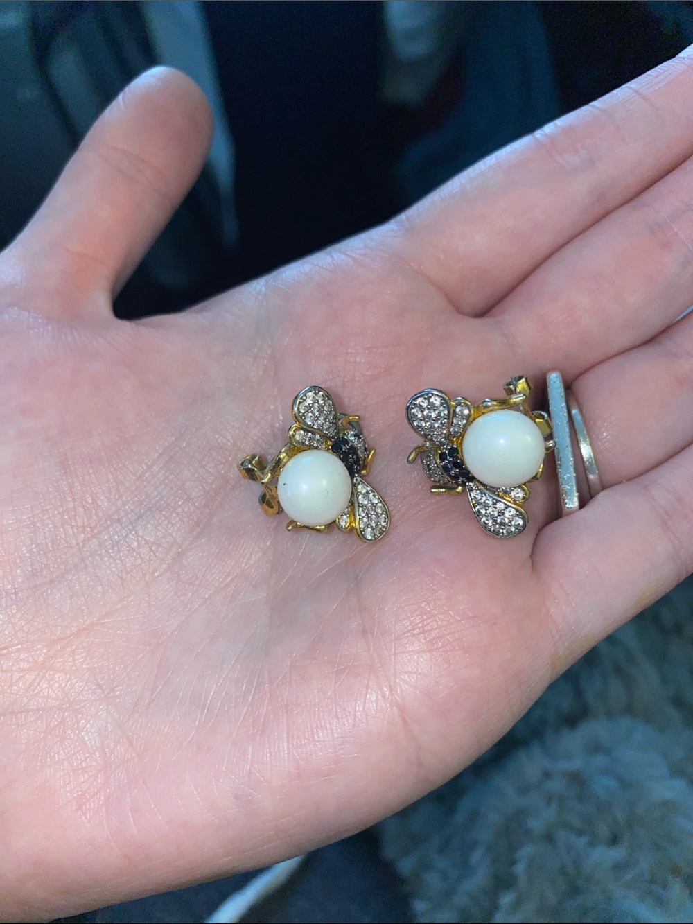 Gold Bee Pearl Stud Earrings with Crystal Wings